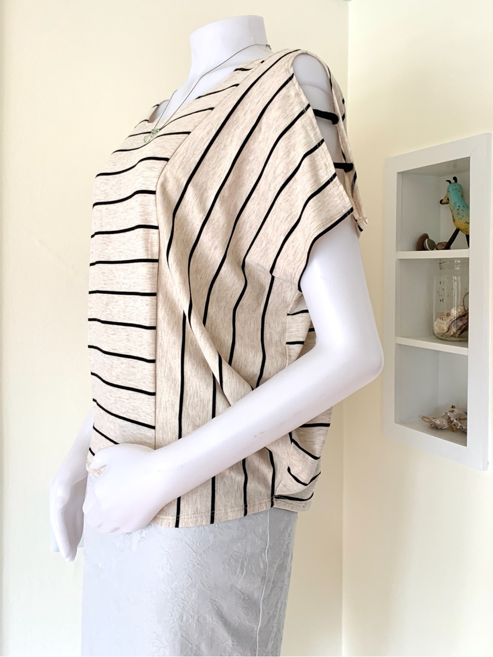 cream with black stripes open shoulder dolman short sleeve top